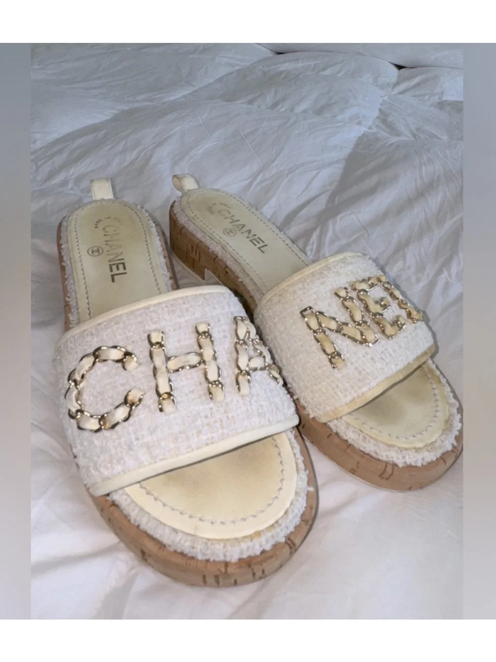 CHANEL Cream Tweed Chain Logo Slide Mules